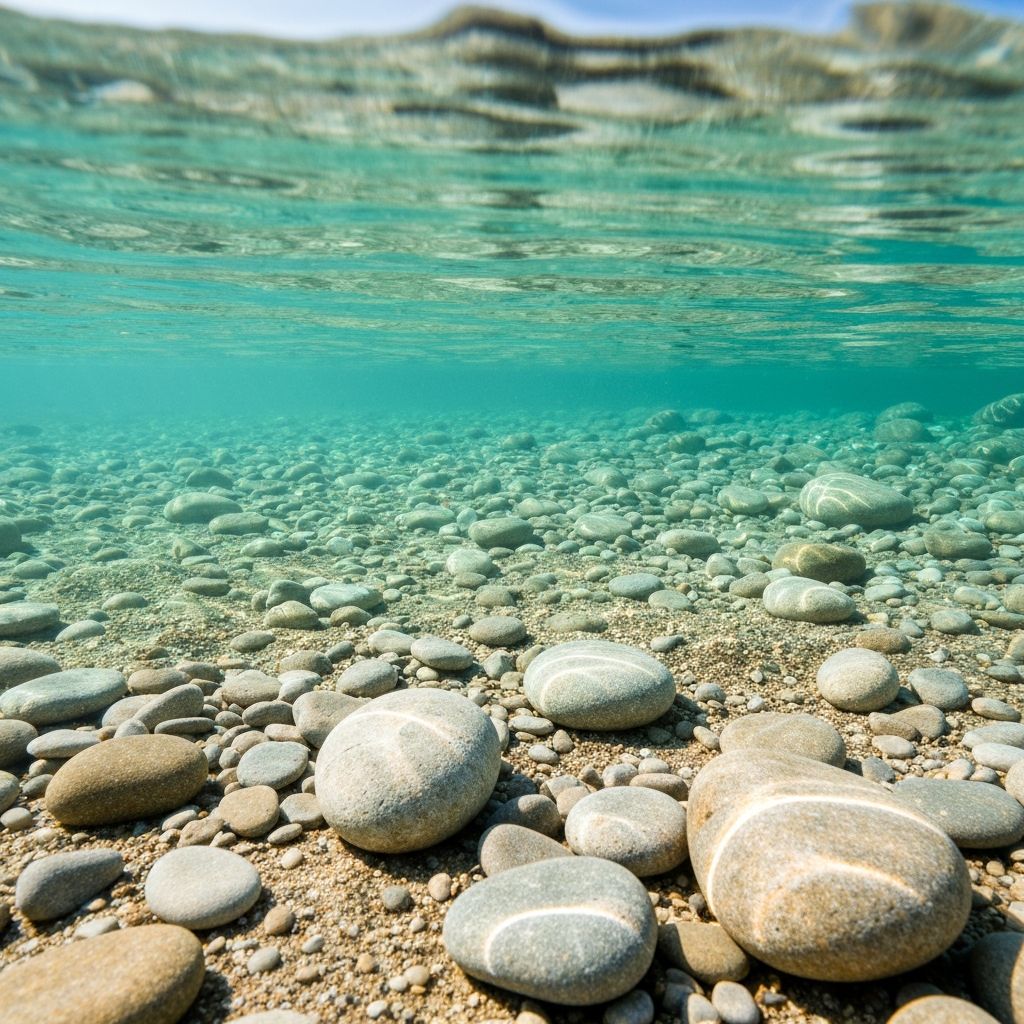 Crystal-clear pebble beach water at TeachBeach showing smooth stones on the lake floor